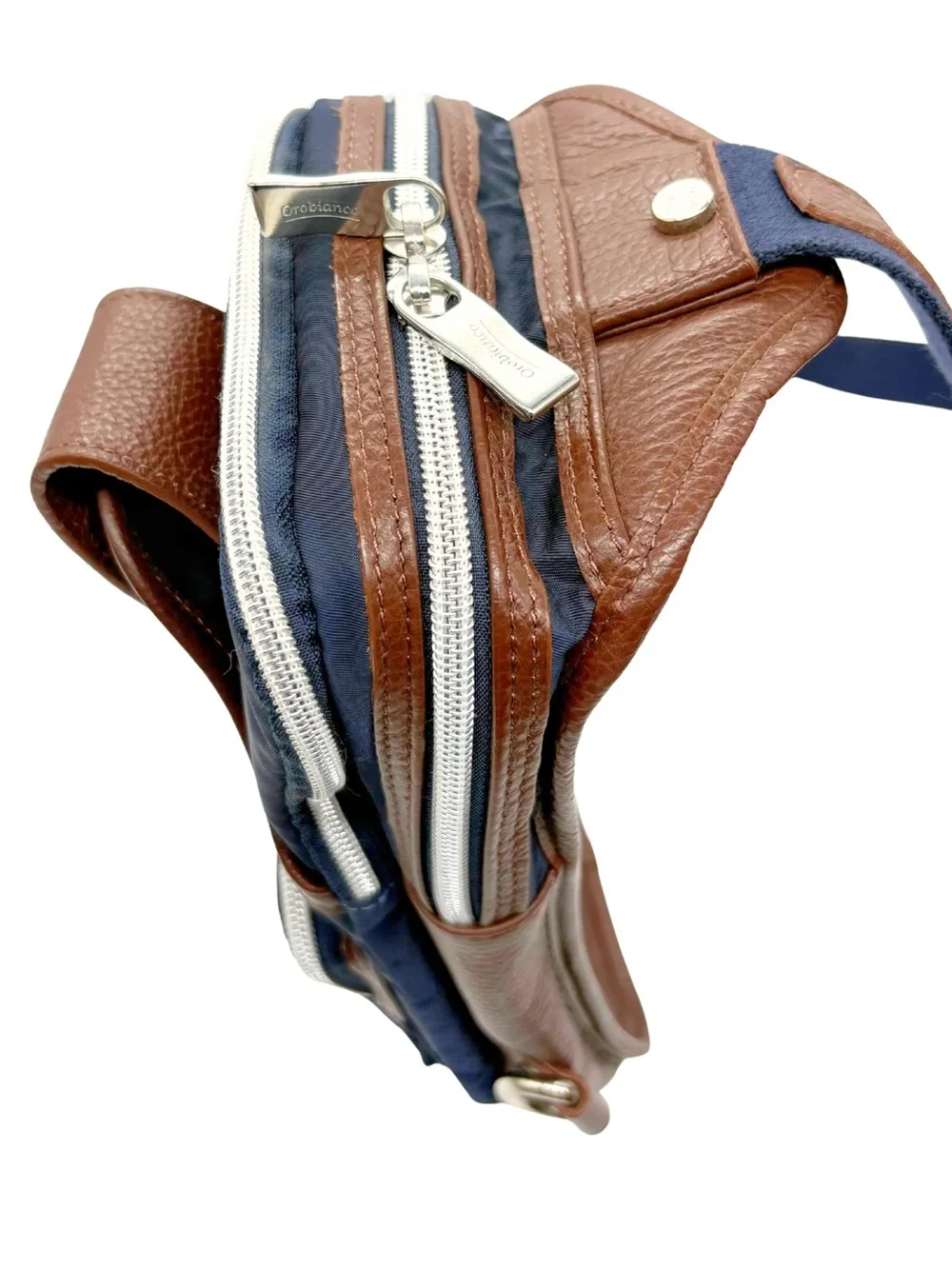 Orobianco Navy Nylon & Brown Leather Crossbody Sling Bag Made in Italy